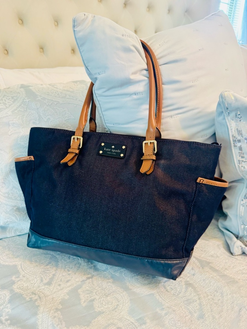 kate spade Blue Denim Tote / Baby Bag with Tan Leather Handles